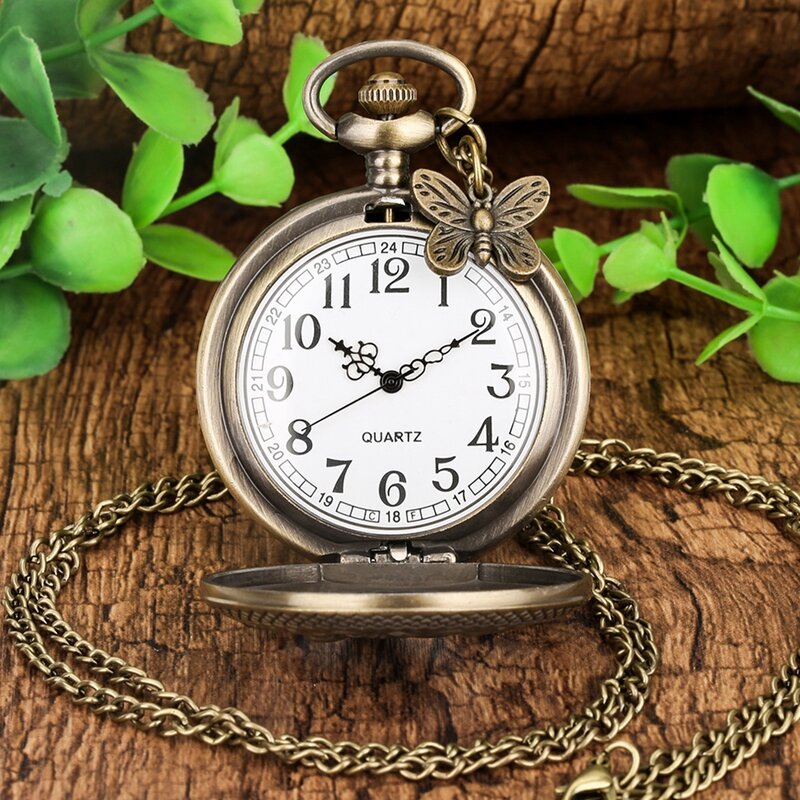 Retro Bronze Butterfly and Flower Necklace Quartz Pocket Watch Chain Hollow Pendant Fob Watches Clock with Butterfly Accessory
