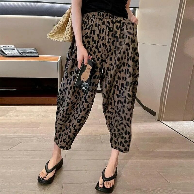 Women's 2024 Summer New Patchwork High Waited Elasticized Pocket Leopard Loose Elegant Casual 9-point Harlan Carrot Pants