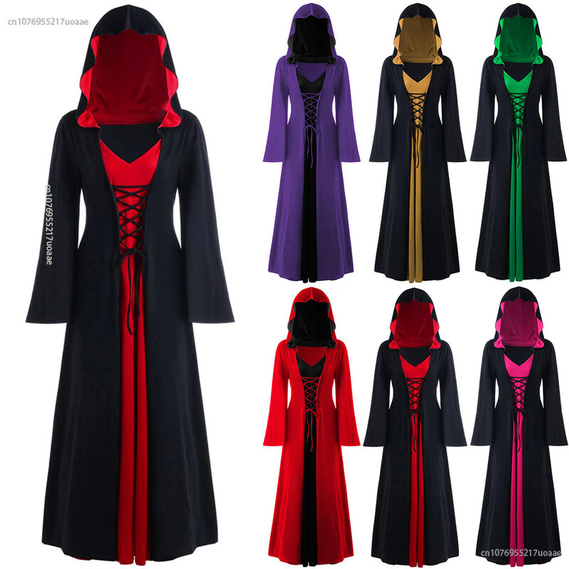 Mittelalter liches Kleid für Frauen Schnürung Vintage Kapuze Umhang Robe Erwachsenen Kostüm Retro Cosplay Halloween gruselige Vampir Hexe langes Kleid