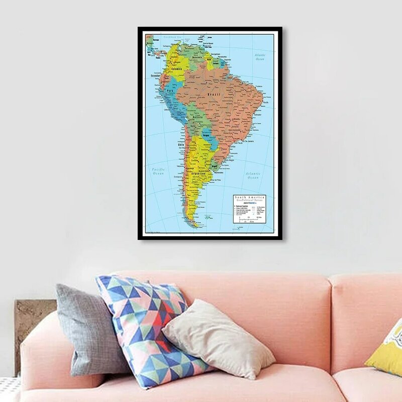 60*90cm Map of South America In English Spray Canvas Painting Wall Art Poster Living Room Home Decor School Supplies