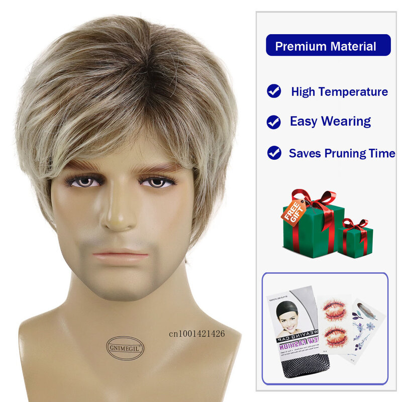 Synthetic Wigs for Men Short Haircuts Daddy Wig with Bangs Ombre Blonde Hair Man Guys Wig Costume Carnival Party Daily Use Wigs