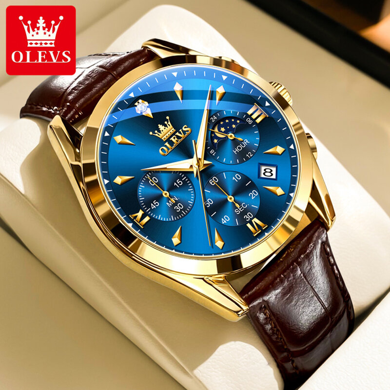 OLEVS Brand Fashion Gold Blue Quartz Watch Men Leather Waterproof Luminous Calendar Chronograph Watches Mens Relogio Masculino