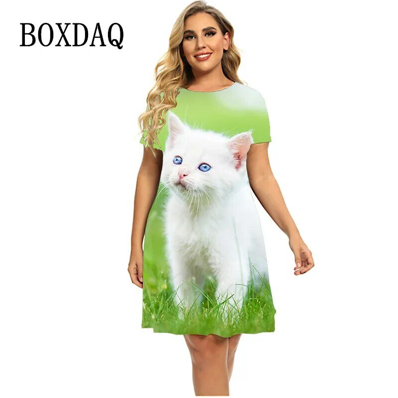 애완 동물 흰 고양이 드레스, 귀여운 고양이 3D 프린트 드레스, 패션 반팔 루즈한 의류, 여름 플러스 사이즈 드레스, 4XL 5XL 6XL