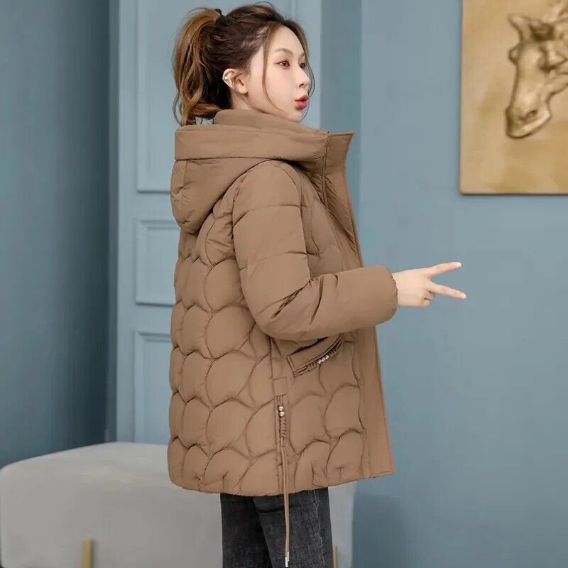 2023 neue koreanische Mode elegante Frauen gepolsterte Baumwoll mäntel Kapuze Parkas Meidum lange warme Winter jacke Puffer Mantel
