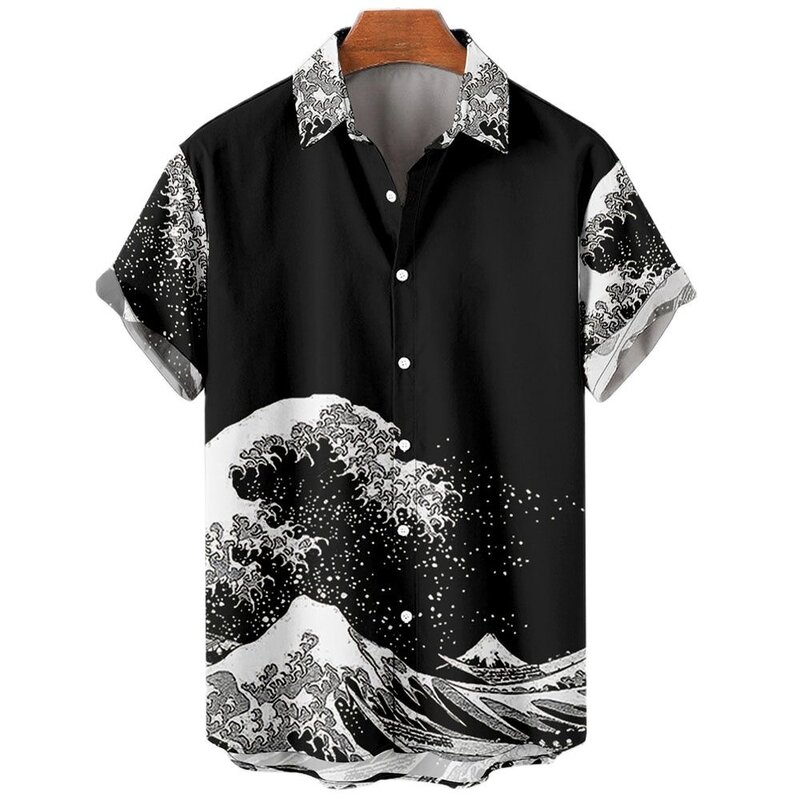 Camisa hawaiana de manga corta para hombre, ropa de calle con solapa, Estilo Vintage japonés, ola de mar, Verano