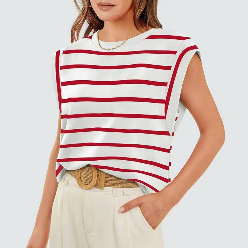 Camisola regata feminina com bloco de cor listrada, T com decote solto, streetwear de verão, colete elástico