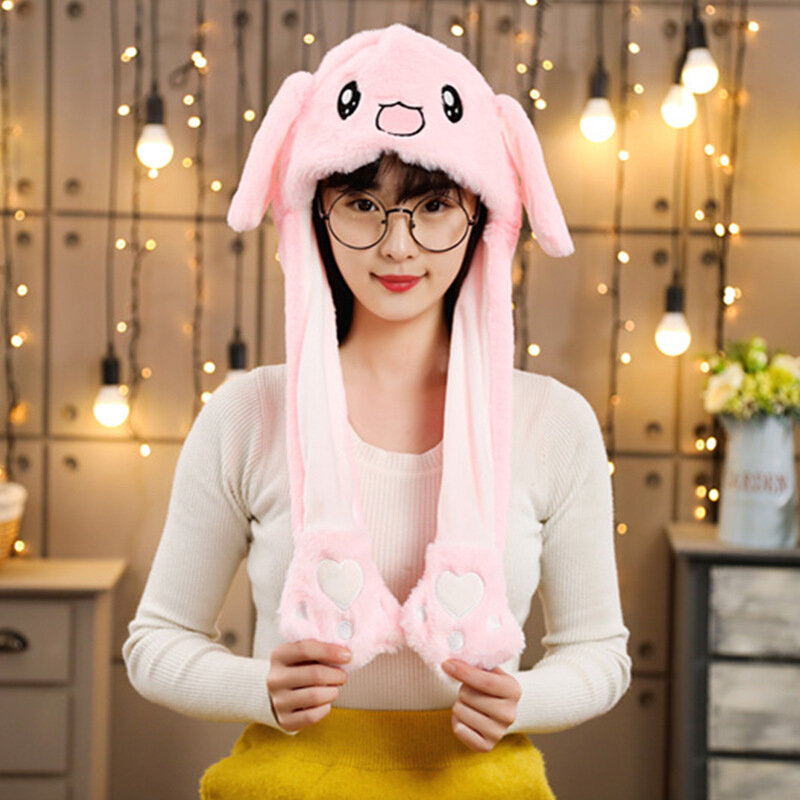 Bunny Moving Ears Hat Cute Ear Hat jumping up Funny Toy Cap Cartoon Rabbit Easter Plush Hat Girls Kids Cosplay Party Cap Adult