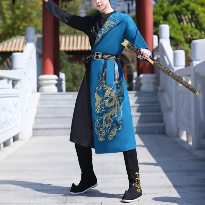 Uomo stile cinese Cosplay Hanfu ricamo Hit Color Dragon Totem ricamo abito cintura ricamata costumi etnici tradizionali