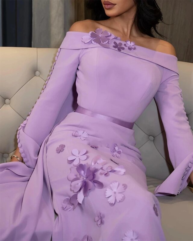 Vestidos de Noche elegantes con Manchas púrpuras, vestidos de graduación de lujo, alta calidad, hombros descubiertos, línea A, flores hechas a mano, ML-102 personalizado