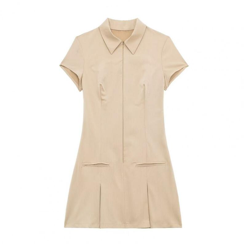 Spliced Pleat Detail Dress Elegant Pleated Mini Dress for Women Chic Ol Commute Style Short Sleeve Dress with Zipper Closure