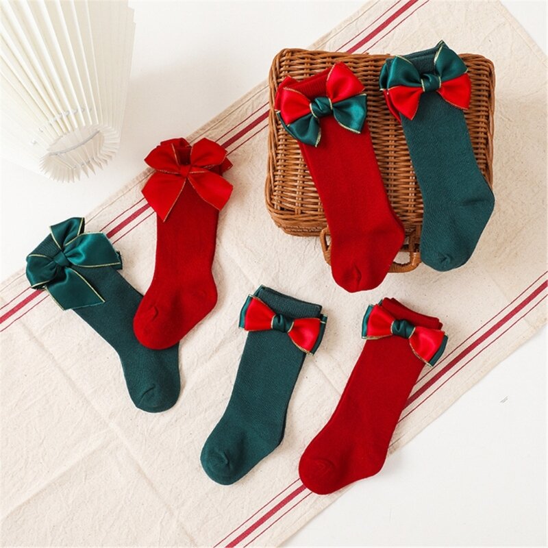 Trendy Knee Long Socks Toddlers Bowknot Decor Christmas Bow Socks Princess Cotton Stockings for Baby Girls 0-3 Years 1560