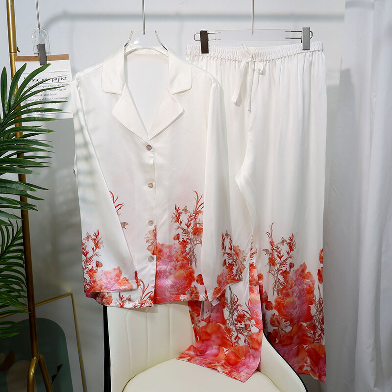 Pijama feminino com estampa floral de seda real, camisa e calças, roupa de dormir solta, 100% seda, pijamas, novo, 2 peças, 2022