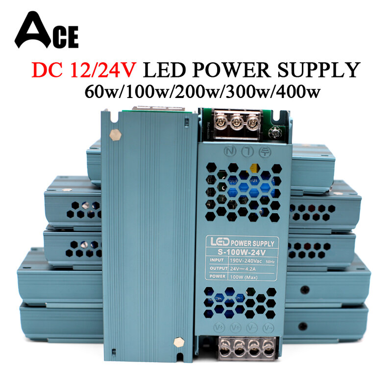 LED Light Driver Power Adapter, comutação de alimentação, transformadores de iluminação mudo, DC 12V, 24V, AC 190-240V, 60W, 100W, 200W, 300W, 400W