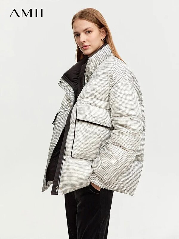AMII mantel Gingham putih bebek untuk wanita, mantel 2023 musim dingin longgar kerah tegak tinggi hangat pakaian luar wanita 12344054