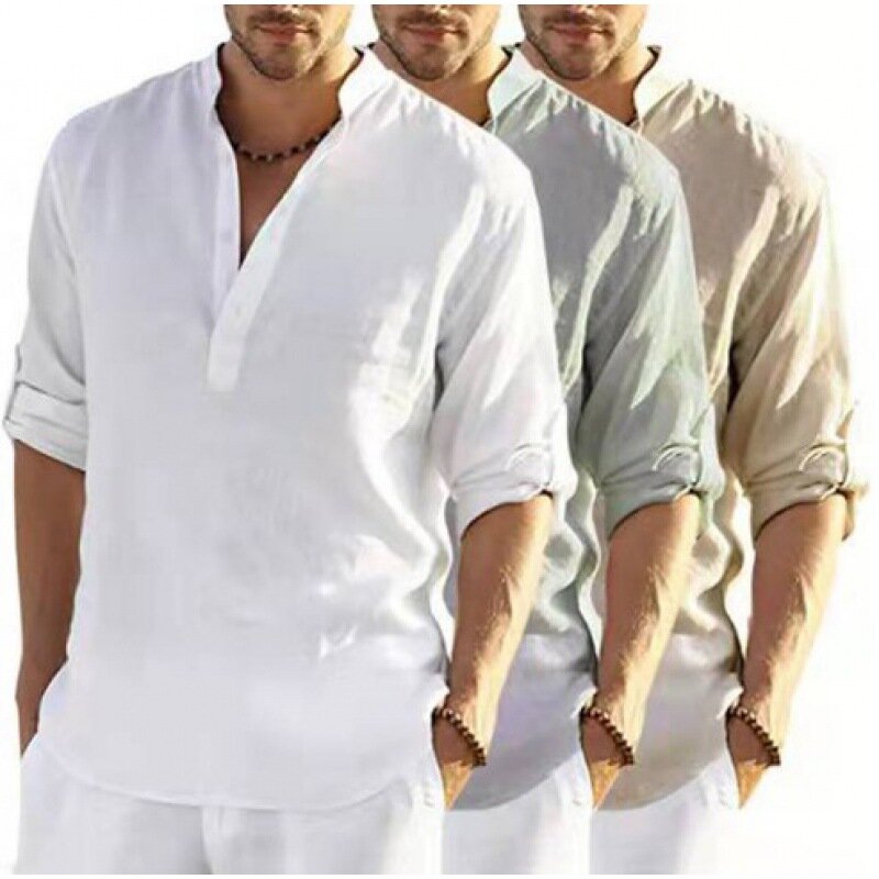 Camisa informal de lino de manga larga para hombre, camisa informal suelta de Color sólido, Tops de algodón de manga larga