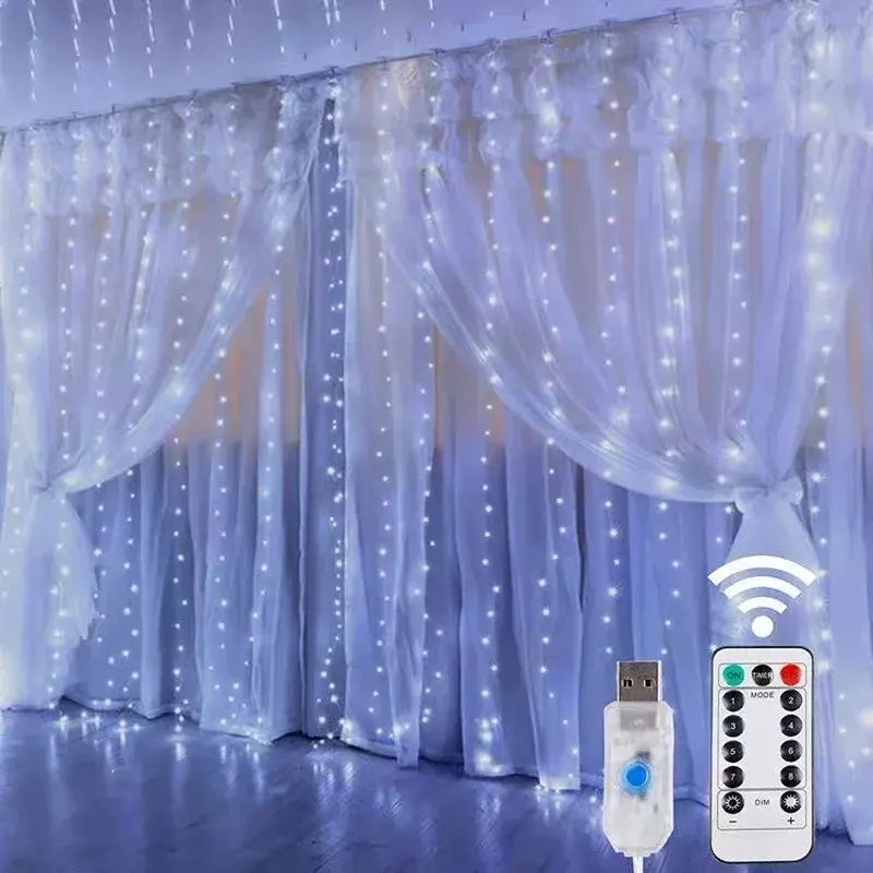 Cortina de luces LED para decoración navideña, guirnalda con Control remoto por USB, luces de hadas para dormitorio y hogar