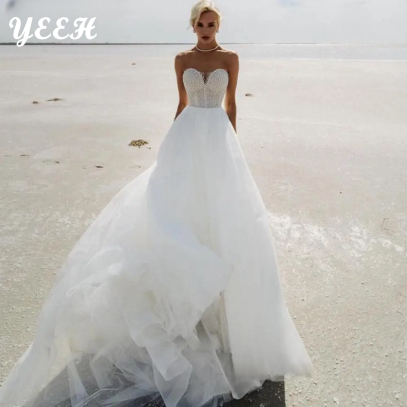 YEEH Beach Strapless Wedding Dress Women Elegant With Pearls Sleeveless Bridal Gowns A-Line Tulle Backless Vestidos De Novia