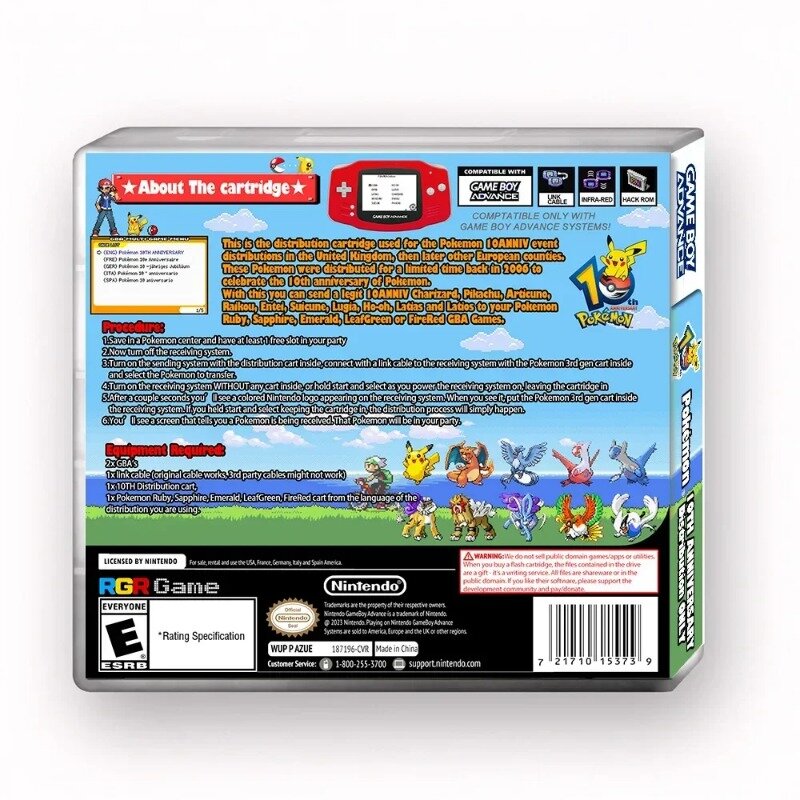 GBA Pokémon Distribution Cassette Game Card, Coleção GBA, Lançamento do 10 ° Aniversário