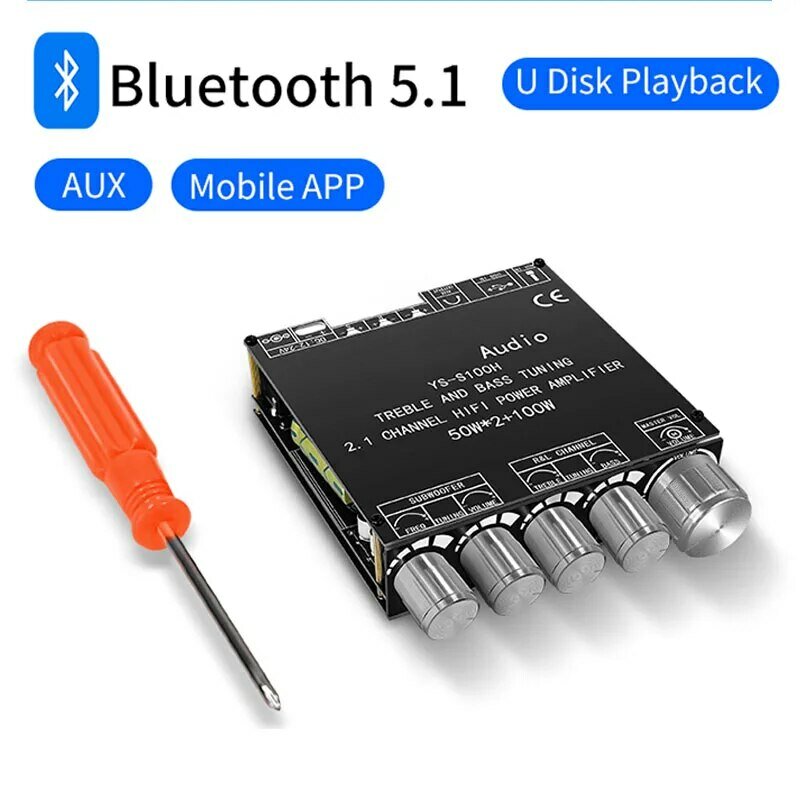 YS-S100H HIFI Bluetooth Amplifier TPA3116 2.1ch 50W*2+100W Subwoofer AUX U Disk USB Sound Card Input 3.5mm Active Speaker Output