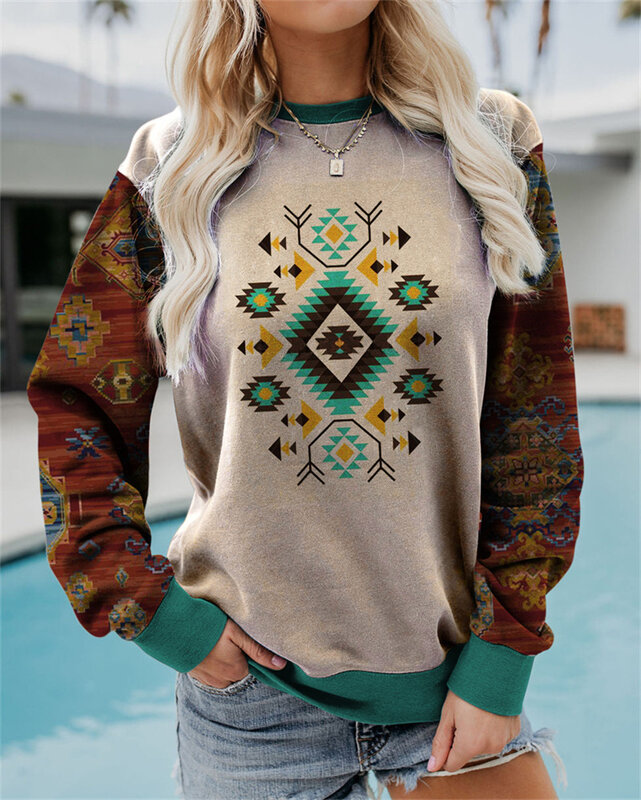 Kaus Sweter Cetak Warna Geometris Mode Wanita Kasual Longgar Kantor Lengan Panjang Kerah O Hoodie Atasan Musim Gugur