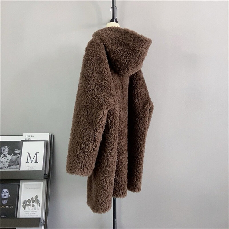 PT427 autunno e inverno nuovi bottoni ricoperti giacca di pelliccia di Shearling di pecora cappotto caldo addensato sciolto con cappuccio femminile
