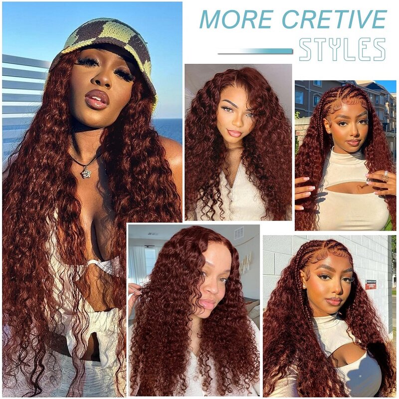 Reddish Brown 13x6 Lace Front Wigs Human Hair 13x4 Deep Wave Lace Frontal Wig Copper Red Colored For Women Water Curly Wigs 200%