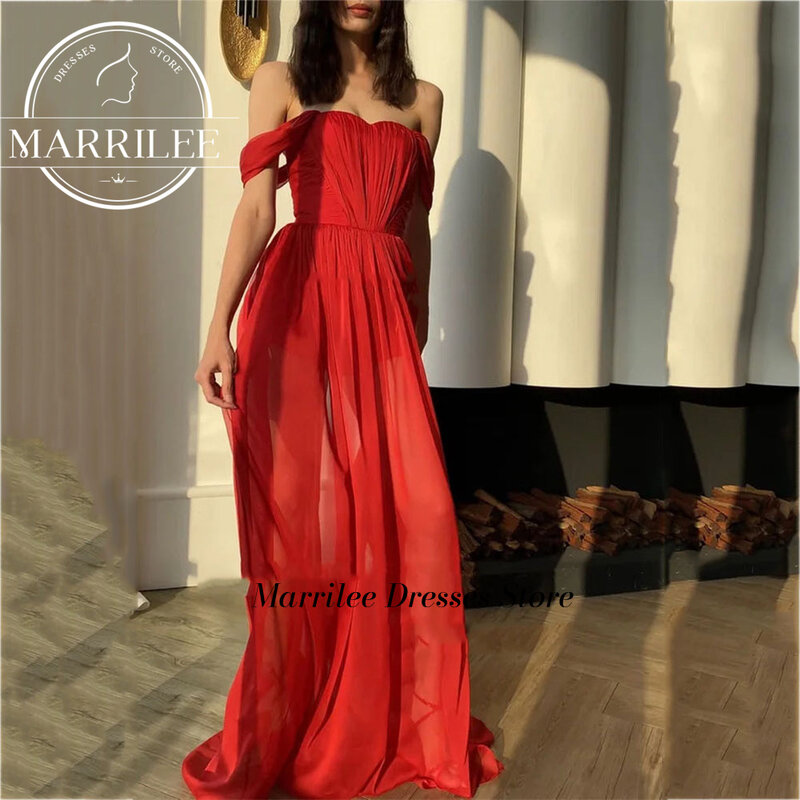 Seksowna czerwona gorąca szyfonowa boczne rozcięcie suknia wieczorowa kochanie z odkrytymi ramionami krótki rękaw suknie ślubne szlafrok tył panny młodej 2024