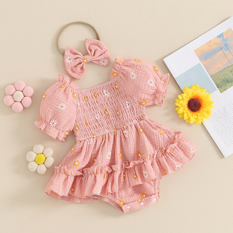 Baby Girl Romper Dress Daisy Print Short Sleeve Jumpsuit with Cute Headband Set Summer Clothes 2 Piece Outfits