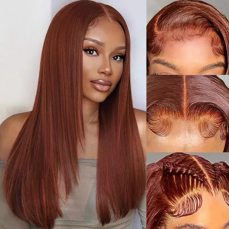 Reddish Brown Straight Lace Front Wigs Layered Cut Wig Glueless Layered Lace Wigs Synthetic Butterfly Haircut Natural Hairline
