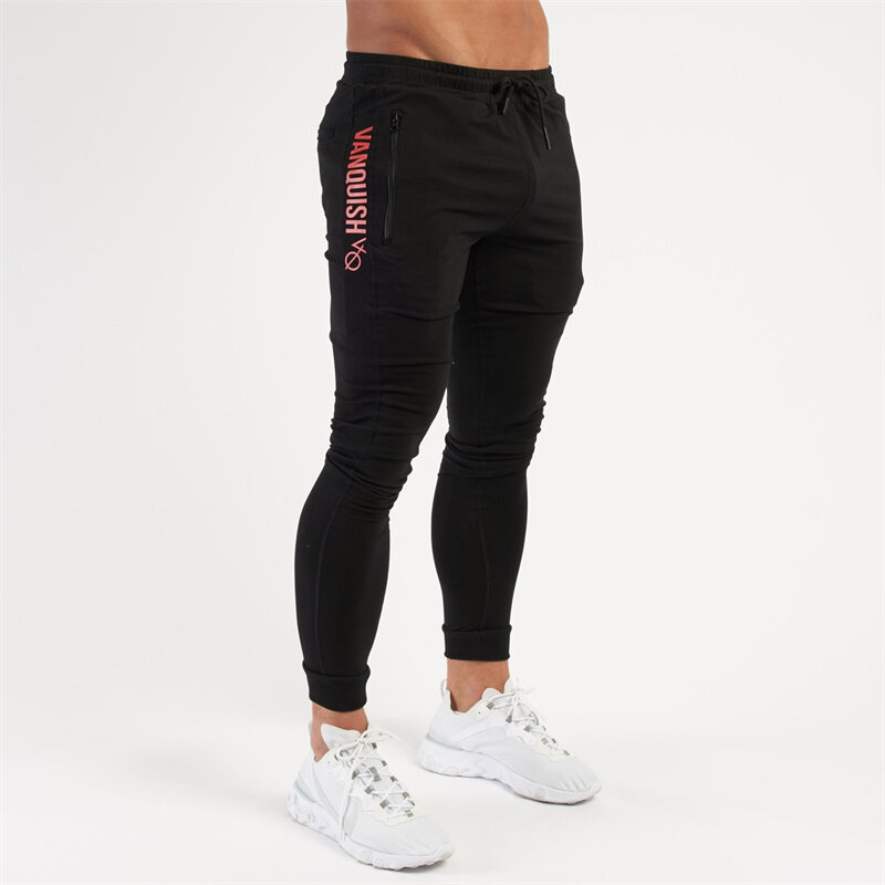 Cotton black slim trousers street clothes men's casual pants jogger gym zipper pocket fitness exercise sports pants