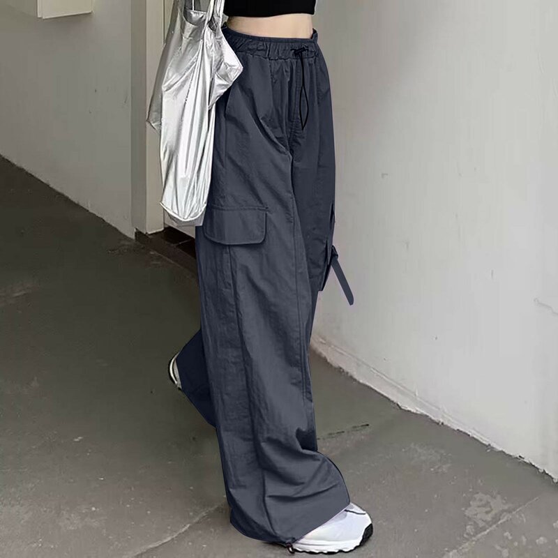 Womens Baggy Cargo Pants Streetwear Hip Hop Joggers Sweatpants Drawstring Casual Loose Sweatpants Solid Casual Baggy Workout