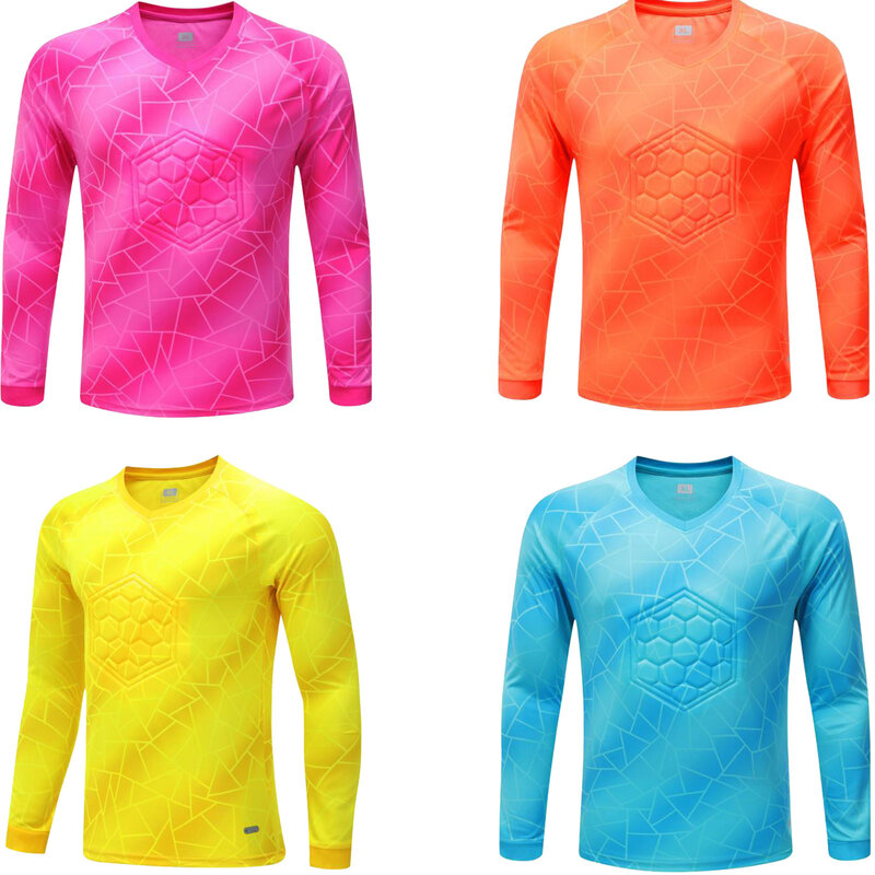 Kids Boys Goalkeeper Padded T-shirt Geometric Print Goalie Shirt V Neck Long Sleeve Football Training Tops Sportwear