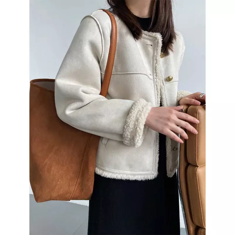 Suede Lamb Plush Casual Jacket Women's Autumn Winter Small Fragrance O NeckLong-sleeved French Double Faced Fur Jacket Female