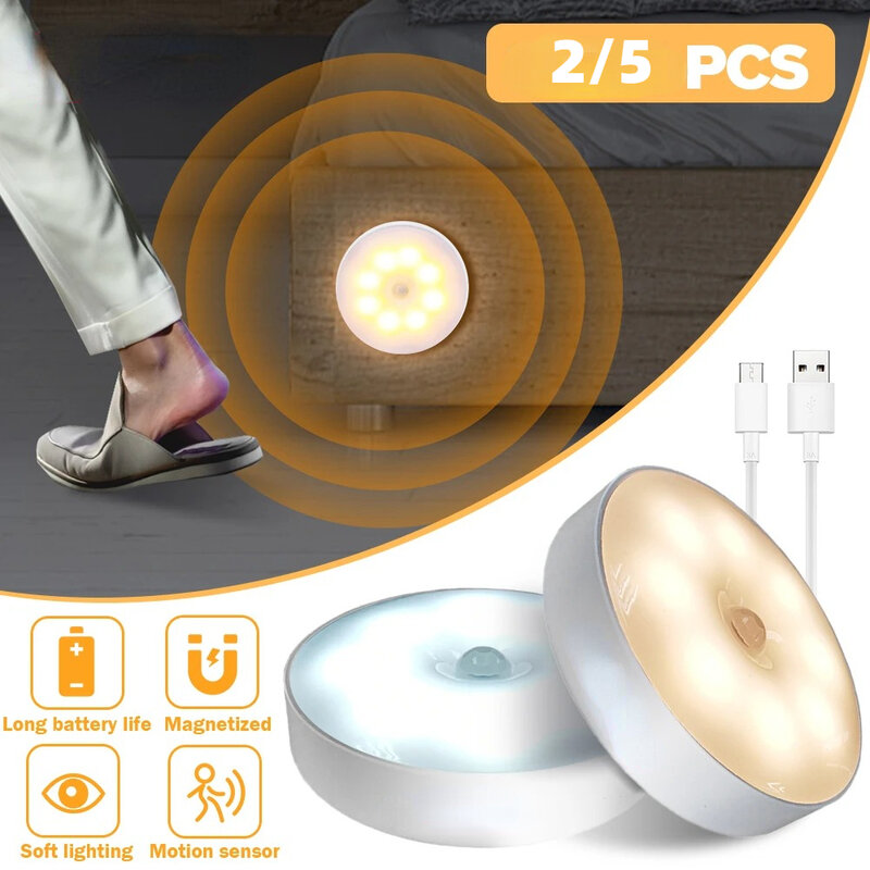 USB Recarregável Motion Sensor LED Night Light, Decoração da parede, Bedroom Night Lamp, Luzes de armário de cozinha, Child Nightlight, 5pcs