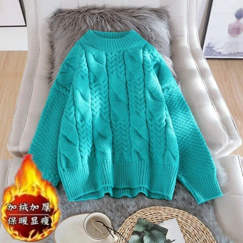 O-Neck Sweater Womens Pullovers Wear Thick Winter New Loose Lazy Wind Twist Top Street Elasticity Bottoming Sweater Short Female