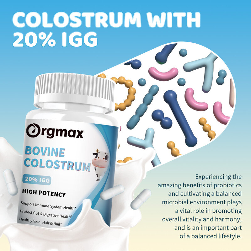 1000MG Probiotic Bovine Colostrum Capsules 20% IgG Support Intestinal and Digestive Health Hair, Nails, Skin and Muscle Health