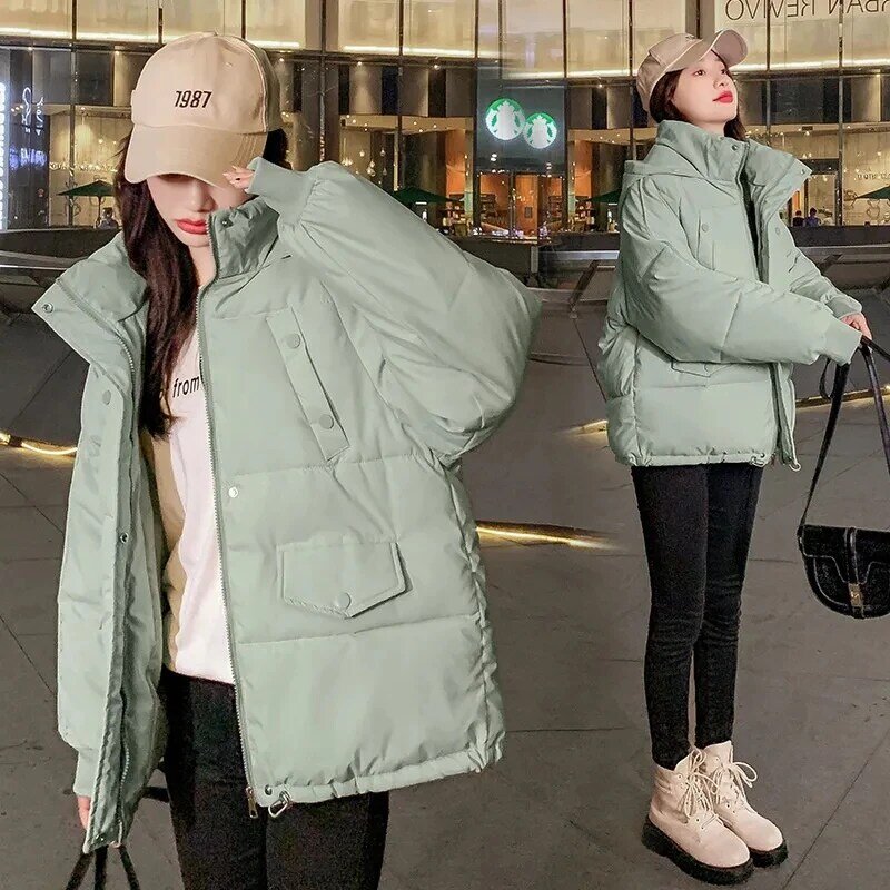 2023 New Autumn Winter Women loose Hooded Jacket Short Stand Up Collar Parka Down Cotton Jacket Female Overcoat Warm Outwear