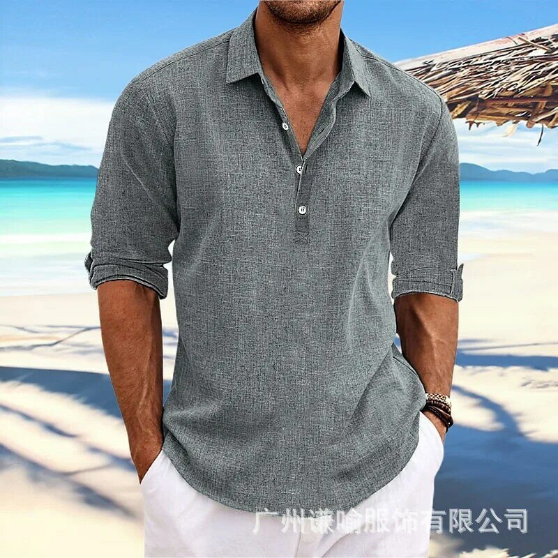 Kemeja lengan panjang pria, katun Linen musim panas warna Solid kerah berdiri gaya pantai kasual ukuran Plus