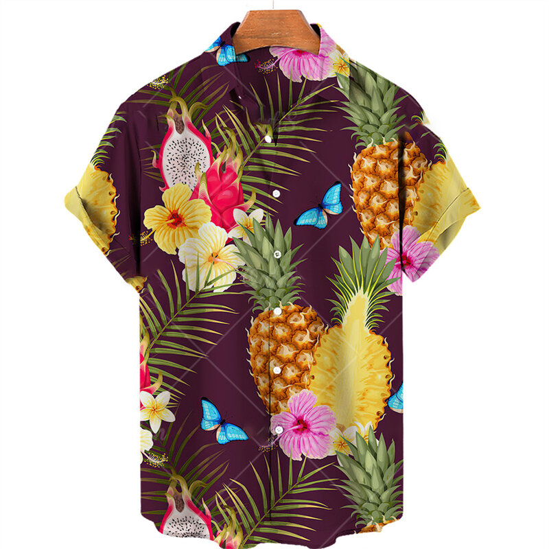 하와이안 과일 3D 프린트 셔츠, 파인애플 셔츠, 싱글 브레스트 반팔 블라우스, 남성 의류, 여름 패션