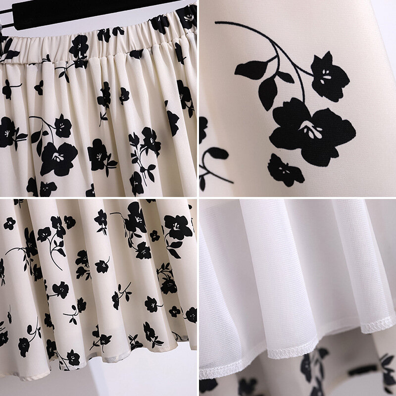 175Kg Plus Size Women's Summer Loose Floral Chiffon A-Line Skirt Hip 175 Apricot Black 5XL 6XL 7XL 8XL 9XL 10XL