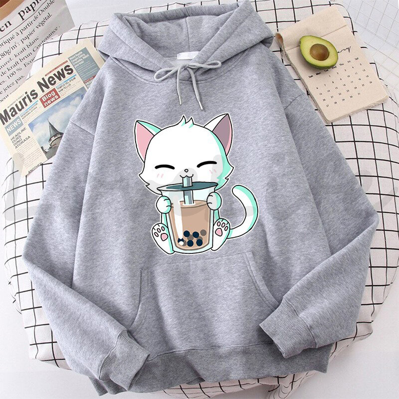 Boba Tea Hoodie Animals fox Cat Hooded Sweatshirt Harajuku Hoodies Kids Kawaii Pullover Tops Casual Hoody Women's Clothes Coats
