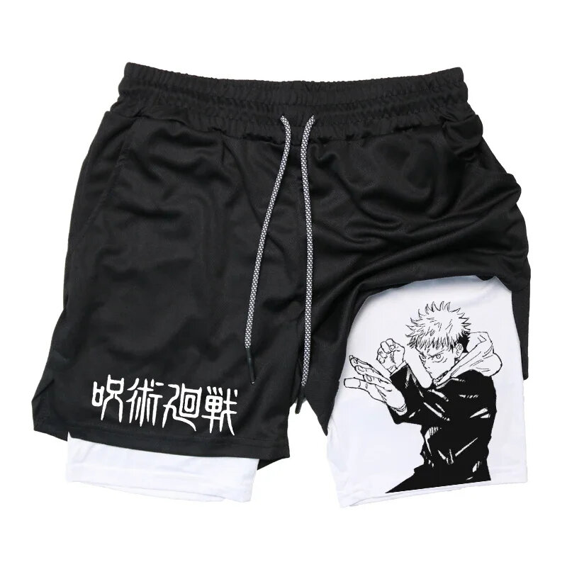 Itadori Yuji celana pendek kompresi 2 in 1 untuk pria, celana pendek olahraga basket Gym dengan saku, celana Anime Jujutsu kassen performa