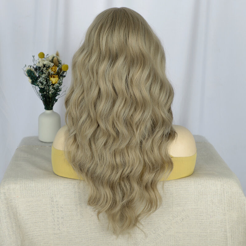 Wig jahe panjang sintetis besar bergelombang keriting wig 22 inci dengan wig poni tanpa lem lolita rambut palsu cosplay wig wanita rambut alami