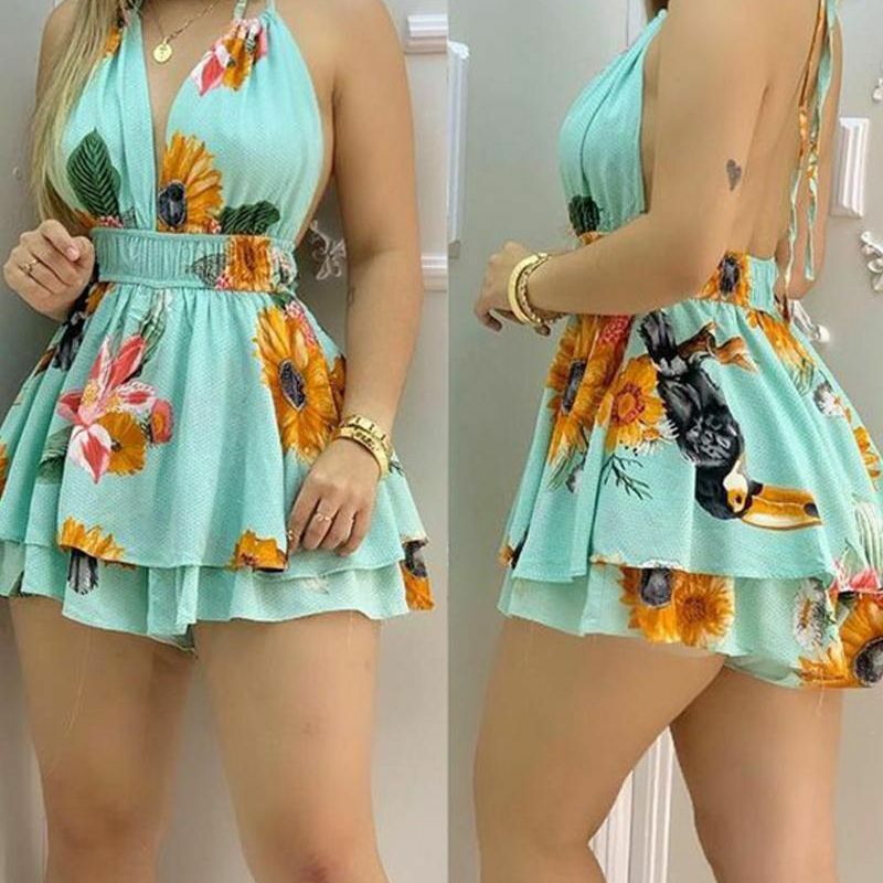 2023 New Women Romper Playsuits High Waist Floral Flower Sleeveless Strap V Neck Sexy Mini Rompers
