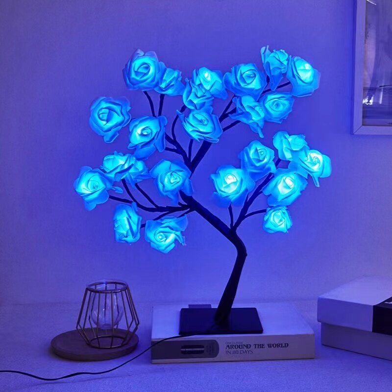 Lampu meja pohon mawar 24 LED, lentera meja colokan USB Bunga Peri untuk pesta rumah Natal pernikahan kamar tidur dekorasi hadiah
