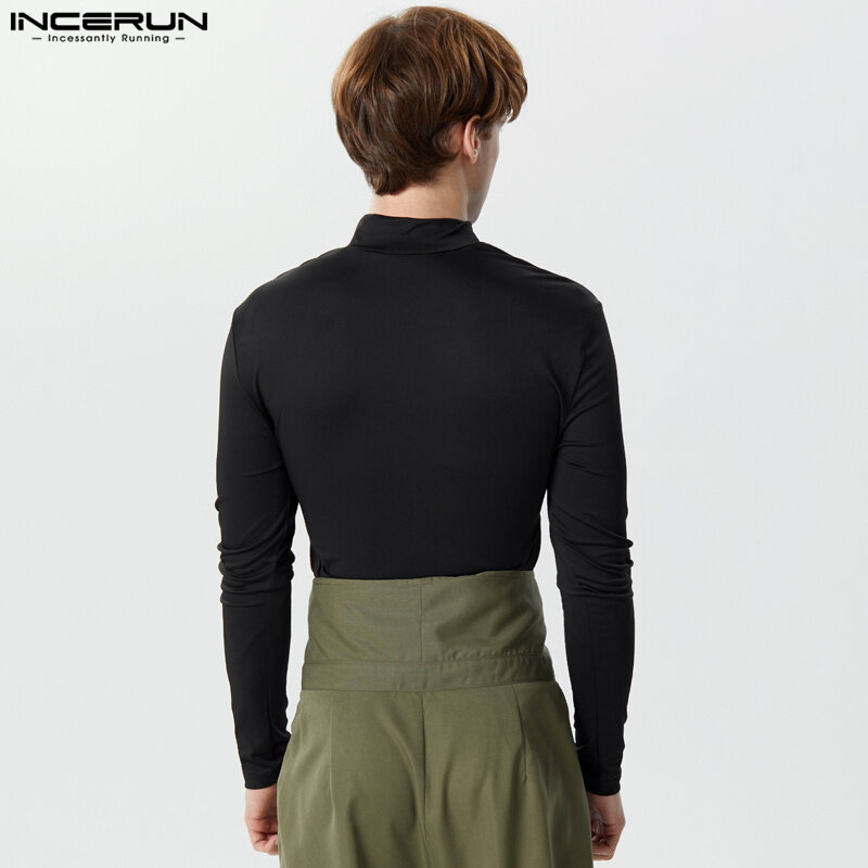 INCERUN Men Bodysuits Solid Color Hollow Out Turtleneck Long Sleeve Sexy Rompers Men 2024 Streetwear Fashion Male Bodysuit S-3XL