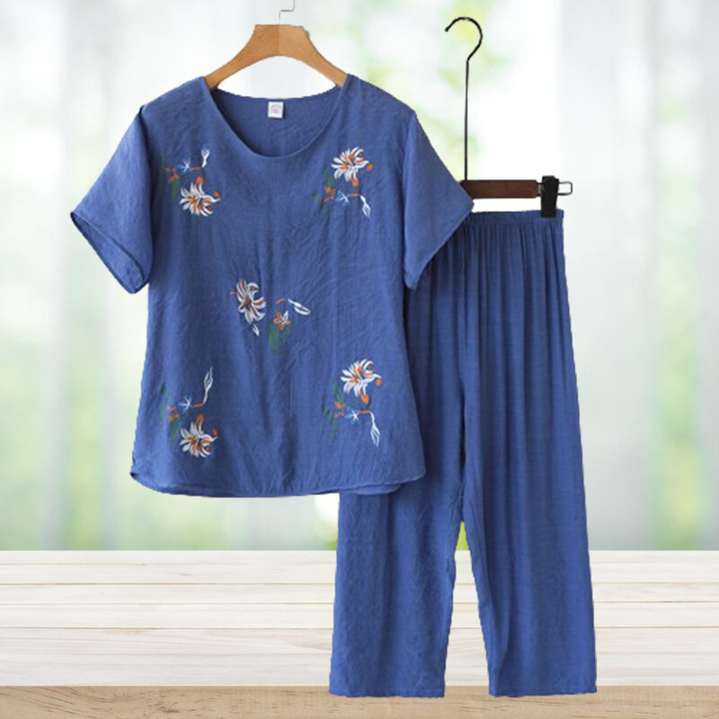 Elderly Home Top and Shorts Set Summer Short Sleeve Sleepwear Set for Birthday Gifts New Year's Gifts