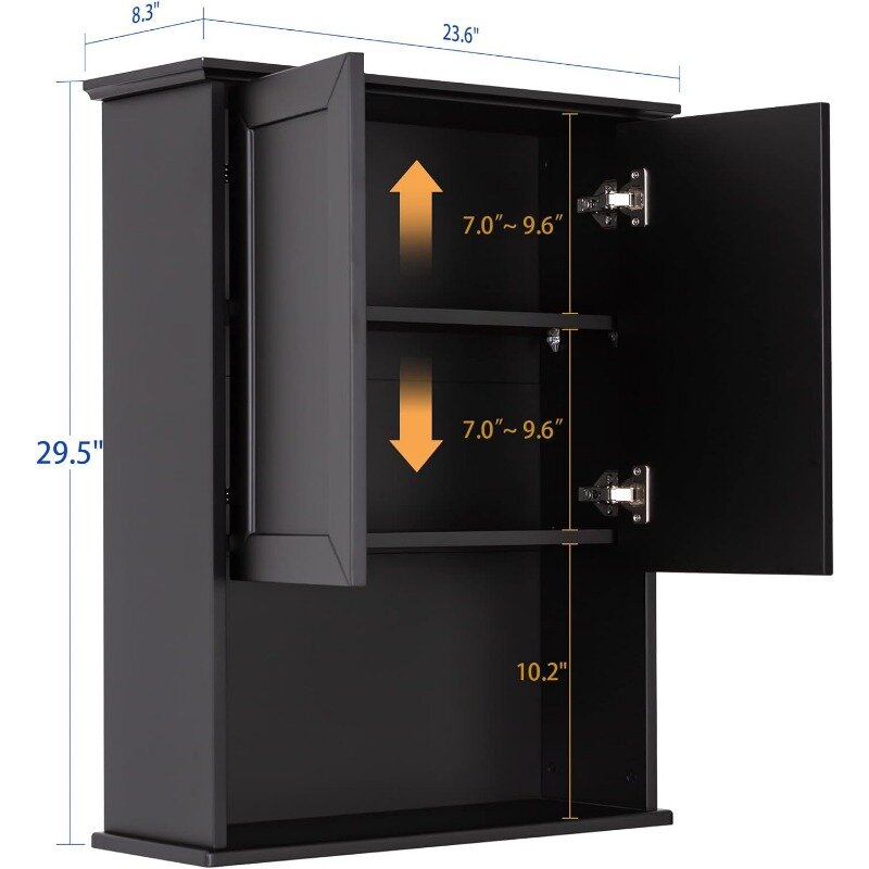 Armario de madera de pared para baño, mueble de almacenamiento con 2 puertas y estantes ajustables, color negro, 23x29 pulgadas