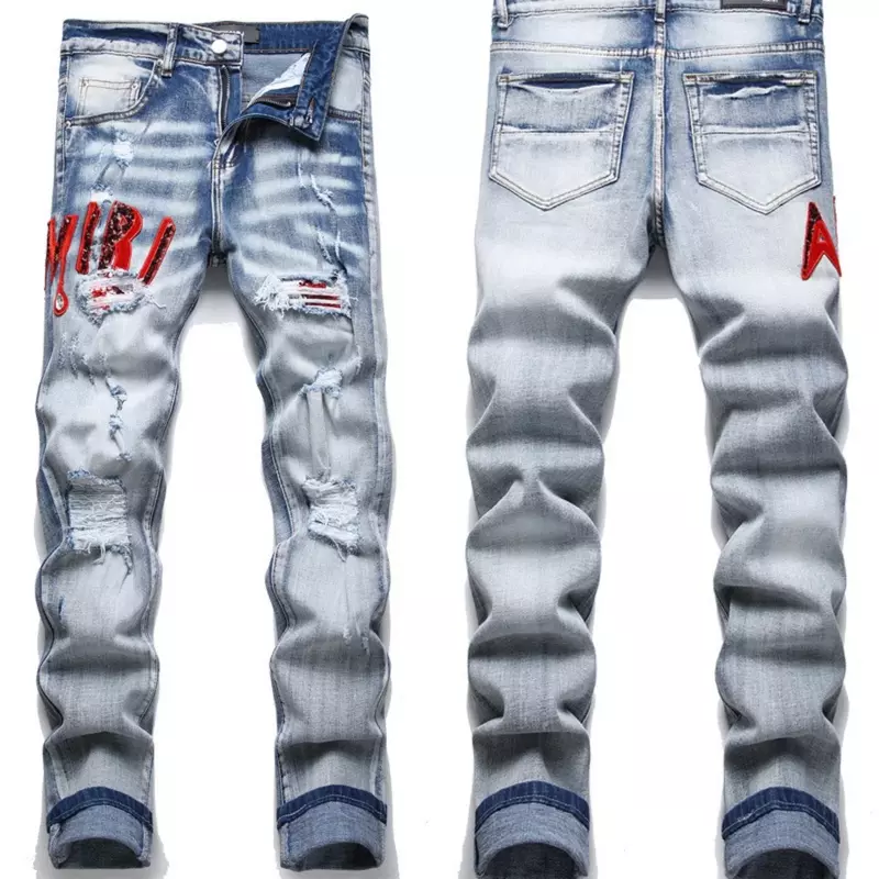 Ręcznie haftowane jeansy męskie w stylu narodowym z motywem osobowości bawełniana wysoka elastyczna spodnie Slim 3D główna ulica do mycia czaszki 4
