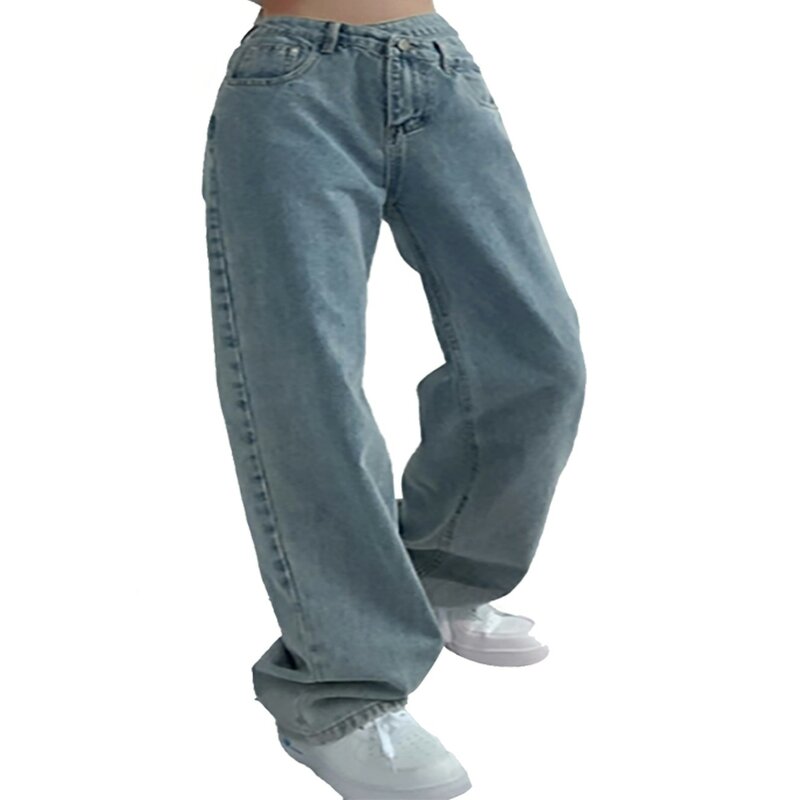 Pantalones vaqueros holgados de cintura alta para mujer, pantalón informal de pierna recta, Vintage, holgado, azul, lavado, años 90, 2023